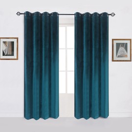 Cherry Home Super Soft Luxury Room Darkening VelvetDark Green Blackout Energy Efficient Grommet Curtain Panel Drapes Peacock Blue 52Wx84L,2 Panels
