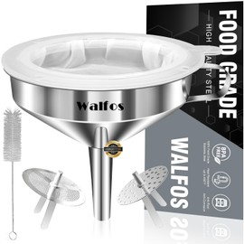 WALFOS Multi-use Stainless Steel Kitchen Funnel with 2 Removable Strainer Filter for Transferring of Liquid, Fluid, Cooking Oils, Jam, Dry Ingredients & Powder