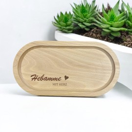 Hebammen-Geschenkset mit Keramiktasse 330ml und Serviertablett aus Buche, 13x25 cm, Mit Herz Gravur, Danke Geschenk Hebamme (Serviertablett + Tasse)