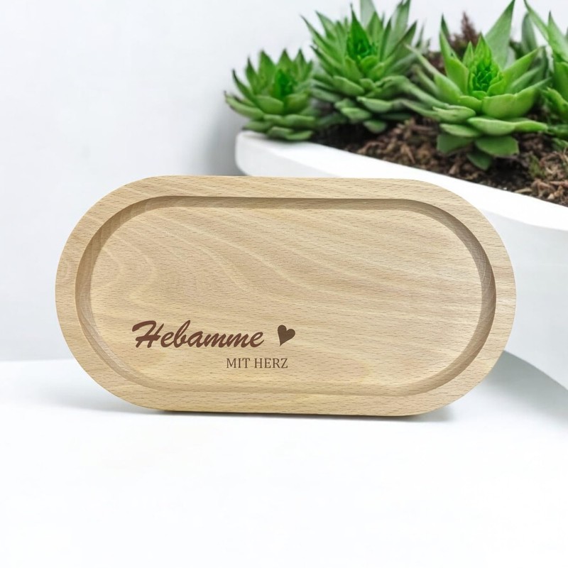 Hebammen-Geschenkset mit Keramiktasse 330ml und Serviertablett aus Buche, 13x25 cm,