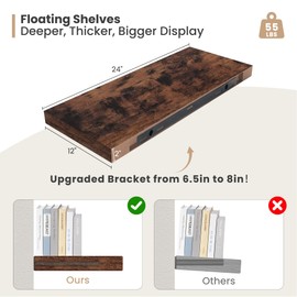 Heimlove 24 x 12 Inch Deep Floating Shelves Wall Mounted with Invisible Brackets,Storage Hanging Shelf for Wall Decor in Bathroom, Bedroom, Kitchen, Living Room, Office Set of 2 (Rustic Brown)