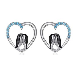 Penguin Heart Stud Earrings for Women Girls Huggie Heart Cubic Zirconia Blue Birthstone Studs Earrings Cute Double Animal Friendship Valentines Statement Hypoallergenic Birthday Jewelry Gifts