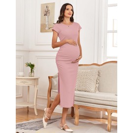 AISWI 2025 Spring Summer Women's Split Maternity Dress Short Sleeve Ruched Pregnancy Clothes Fine Ribbed Baby Shower Dresses, 1, Pink, Medium