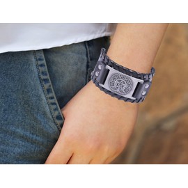 Pagan Triple Moon Goddess Pentagram Tree of Life Leather Bracelet for Men/Women Amulet Jewelry (Antique Silver,Black), Leather