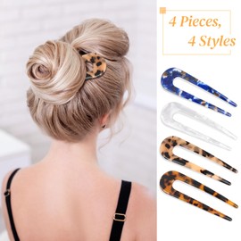 4Pcs French Hair Forks, Sublaga U Shaped Hair Pins Clips, 3.86 inch Classic Cellulose Acetate Women Vintage Hairstyle Accessories
