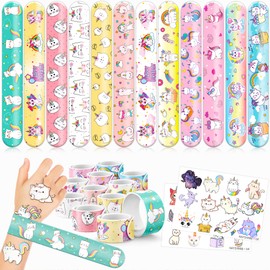 48PCS Caticorn Party Favors 24PCS Tattoos 24PCS Slap Bracelets Wristbands Themed Birthdays Party Supplies Decorations Decor Cat Unicorn Kitty Pattern Girls Boys Gifts Classroom Prize Reward