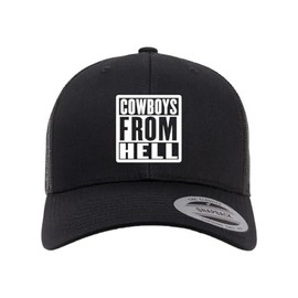 Mari Kyrios Cowboys from Hell White Heat Pressed Black on Black Curved Bill Hat - Adult Mesh Trucker Snap Back Cap