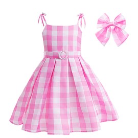 uivic Pink Costume for Girls, Doll Movie Cosplay Outfit Pink White Gingham Dress for Kids Party Birthday Dress Up (Pink1 with accessories, 9Years-10Years)