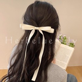 Herbeluemily HM-0153-R03-WH Hair Accessory, Ribbon, Large, Half Up, Ponytail, Hair Clip, Hair Ornament, Hair Clip, White