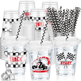 FoldTier 50 Pcs Checkered Racing Party Plastic Cup 12 Oz Checkered Flag Thick Clear Cup Black and White Checkered Cups Race Car Birthday Party Supplies for Racecar Sports Themed