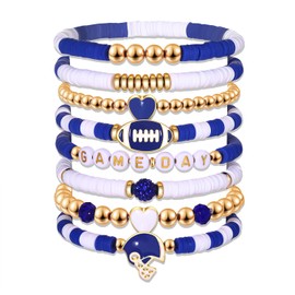 CEALXHENY CEALXHENY Football Game Day Bracelets for Women White Blue Heishi Bracelet Clay Beaded Stretch Bracelets Stackable Football Bracelet Set Game Day Accessories Outfits Jewelry Gifts (Style E)