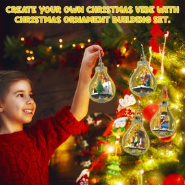 6 Pack Christmas Tree Bulb Ornament with Light Building Set, Including Gingerbread House, Penguin House, Christmas House, Fireplace, Nutcracker, Reindeer, Stocking Stuffer Toy Gifts for Kids.(405PCS)