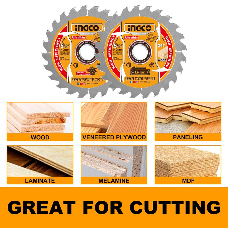 INGCO 2-Pack 140mm Ultra-thin TCT Saw Blade Set 24T, 20mm