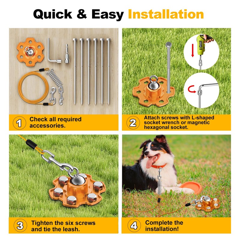 Tivray Dog Tie Out Stake and Cable, 360° Swivel Stake