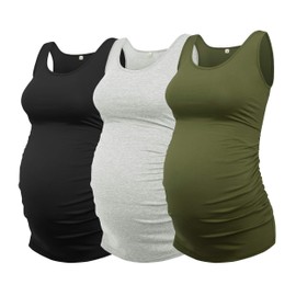 AMPOSH Women's Maternity Tank Top 3 Pack Ruched Side Sleeveless Pregnancy Basic Shirt(Black/Gray/Olive, S)