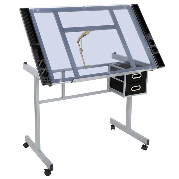 ZenStyle Glass Top Drafting Table with Storage, Adjustable Multifunctional Drafting