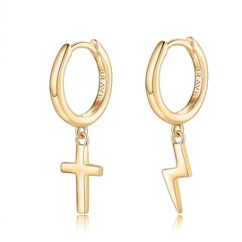 Men's 925 Silver Earrings Cross and Lightning Hoop Earrings 925 Silver for Men or 18K Gold, Ideal as a Gift for Mother's Day... Earrings Boys. Jewellery Men, Gold - silver, No Gemstone