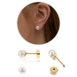 1Pairs Flat Back Dainty Pearl Earrings for Women - 14K Gold Hypoallergenic Cartilage Earring 5mm Faux Pearl Stud Earrings Screw Back Gold Stud Earrings for Women, Suitable Gifts for Women