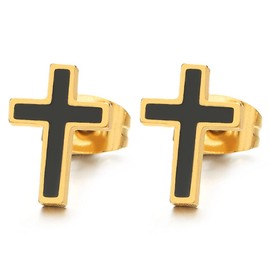 Mens Womens Stainless Steel Gold Color Flat Cross Stud Earrings with Black Enamel, 2 pcs
