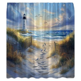 JOFKAXU Lighthouse Shower Curtain Blue Ocean Beach Seagull Sunrise Seascape Sunset Nautical Coastal Seasides Nature Scenic Oil Painting Bath Curtain with Hooks