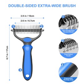 YINGFAN Dog Grooming Rakes, Double-Sided Undercoat Rake for Dogs and Cats, Deshedding Dog Brush for Thick Coats, Extra Wide (Blue)