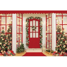 Ofila 10x8ft Christmas Day Party Backdrop Fabric Red Door Mistletoe Wreaths Photography Background Xmas Eve Glitter Bokeh Party Backdrop Christmas Trees Banner Gifts Table Decoration Family Supplies…