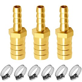 JoyTube Brass Hose Barb reducer 1/4" to 3/16" ID hose Barb Fitting Hex Splicer Mender Union Air Water Fuel Tubing Adapter with hose clamps (Pack of 3)