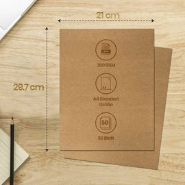 Paper Ease Kraft Paper A4 260 g - 21 x 29.7 cm, Pack of 50 - Natural Cardboard Paper in Exact DIN Format - Perfect for Painting, Printing, Crafts & Vintage Style Wedding Gifts (Kraft Paper)