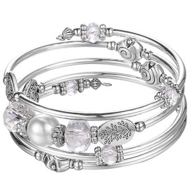 PEARL&CLUB Bead Crystal Wrap Bangle Bracelet - Fashion Jewelry Beaded Bracelet with Silver Metal, Gifts for Women(92-White)