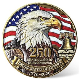 USA 250th Independence Anniversary Challenge Coin - High Relief Bald Eagle & Liberty Bell Commemorative Medal - Patriotic Keepsake Gift for Veterans, Collectors & History Buffs (Single Coin)