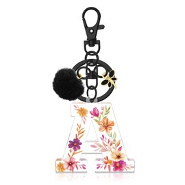 Oubaka Cute Initial Letter Keychains for Women, Acrylic Alphabet Keyrings Alphabet Initial Letter Pendant Keyring Gift Dragonfly Ball Pom Pendant Key Ring for Backpack Handbag Car Keys(Letter A)
