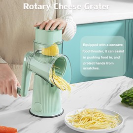 Rotary Cheese Grater, 5 in 1 Hand Crank Cheese Shredder Vegetable Slicer with 5 Group Stainless Blades & Storage Box, Strong Suction Base Manual Food Grater for Cutting Cheese Fruit Vegetable (Green)
