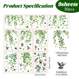 PLIGREAT 9 Sheets Hanging Green Vine Window Clings Birds Flower Cage Window Sticker Self-Adhesive Creative DIY Decals for Bedroom Home Window Decor Store Display Glass Door Decorative