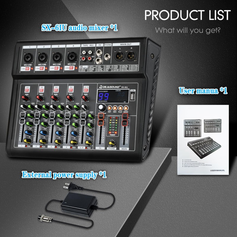 6-Channel Audio Mixer for PC, SX-6iu Mixing Console with XLR