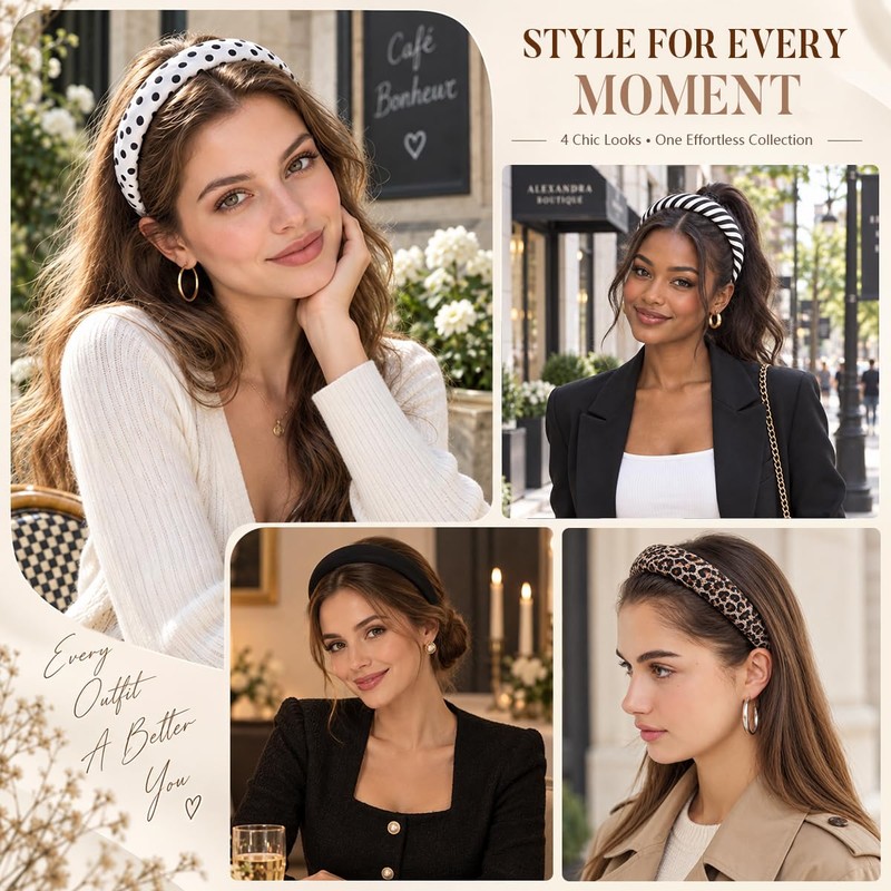 4 Pack Wide Satin Padded Headbands for Women, No-Slip Hair