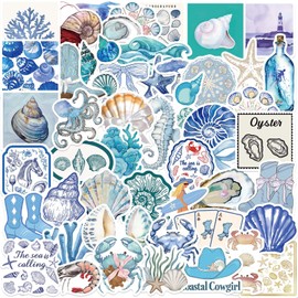 Aesthetic Blue Beach Stickers Pack, 50 Cute Ocean Beach Stickers for Kids Girls Adults Summer Coastal Theme Vinyl Waterproof Decals for Water Bottle Scrapbook Journal Laptop