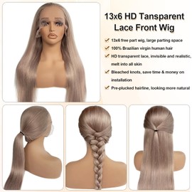 Ash Blonde Human Hair Wig 28 Inch 13x6 HD Lace Front Wig Human Hair for Black Women Straight Grey Blonde Glueless Wigs Colored Invisible Lace 13x6 Lace Front Real Human Wig Pre Plucked Bleached Knots