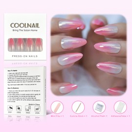 Coolnail Gradient Pink Press on False Nail Shiny Mirror Aurora Full Cover Nail Tips Stiletto Fake Nails Extension Manicure Decoration