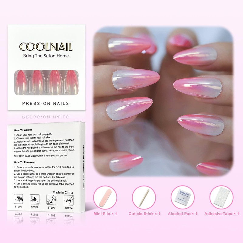 Coolnail Gradient Pink Press on False Nail Shiny Mirror Aurora