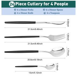 24-teiliges Besteck-Set, Edelstahl-Besteck-Set, Tafelsilber-Set für 6 Personen mit Löffel-Messer-Gabel-Set, spülmaschinenfest/leicht zu reinigen/spiegelpoliert (silber-schwarz)