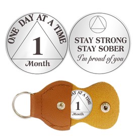 1 Month Sobriety Coin Gifts | One Day at a Time AA Coins - HA AA Chip Medallion with Leather Keychain | Narcotics Alcoholics Anonymous Gifts for Anniversary Month & Year for Men & Women in Recovery