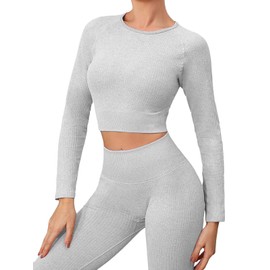 ZHENGHAO Buscando Womens Gym Sets 2 Piece Long Sleeve Workout Crop Top Tank Ribbed High Waist Seamless Leggings Tracksuits Activewear Yoga Outftis (L, Light Gray)