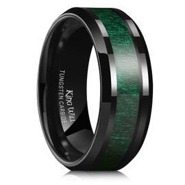 King Will NATURE 8mm Mens Black Tungsten Carbide Wedding Ring Green Wood Inlaid Mens Ring Comfort Fit 9
