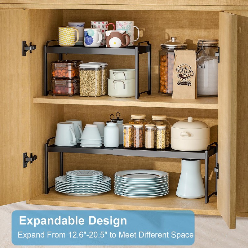 2 Pack Expandable Cabinet Countertop Shelves, Stackable Shelves Organizers For