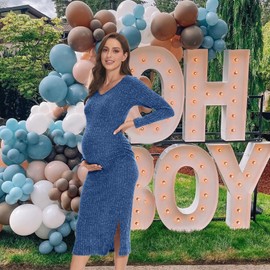 LAHILO V Neck Side Ruch Knit Ribbed Maternity Bodycon Dress，Maternity Dress for Photoshoot/Baby Shower Blue