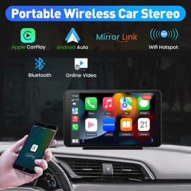Portable Wireless Apple CarPlay and Android Auto Car Radio Stereo, 7 inches IPS Touchscreen Multimedia Player & Bluetooth 5.0 Audio Hands Free Calling, Mirror Link/GPS/FM/Siri