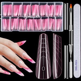MELLIEX 150 Pieces Dual Nail Forms, Polygel Nail Tips Starter Set, Pink Almond Stiletto Nail Tips, Acrylic Nail Stencils Extension for Manicure Salon DIY (15 Sizes)