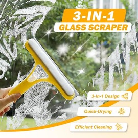 3 in 1 Window Cleaning Scraper, 2025 New Squeegee for Shower Glass, 3 in 1 Spray Function for Glass Doors for Windows Glass, Mirrors Scraper, Brush. All-Purpose Window Cleaner Tool:_yellow