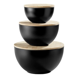 JOYMAY Salad Bowls, Mixing Bowl Salad Bowl Set, Natural Bamboo Fiber Serving Bowl Set of 3 with Bamboo Wood Lid, Nesting Bowls for Salads,Pastas(Black,10",8",6")