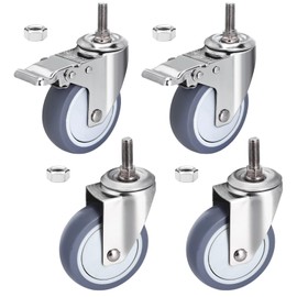 Fixhando Stainless Steel 4 Inch Caster Wheels with Threaded Stem 3/8"-16x 1, Anti-Corrosion Swivel Casters Set of 4, Silent Non-Marking TPR Rubber Wheels for Furniture,Labs,Hospitals,Restaurant